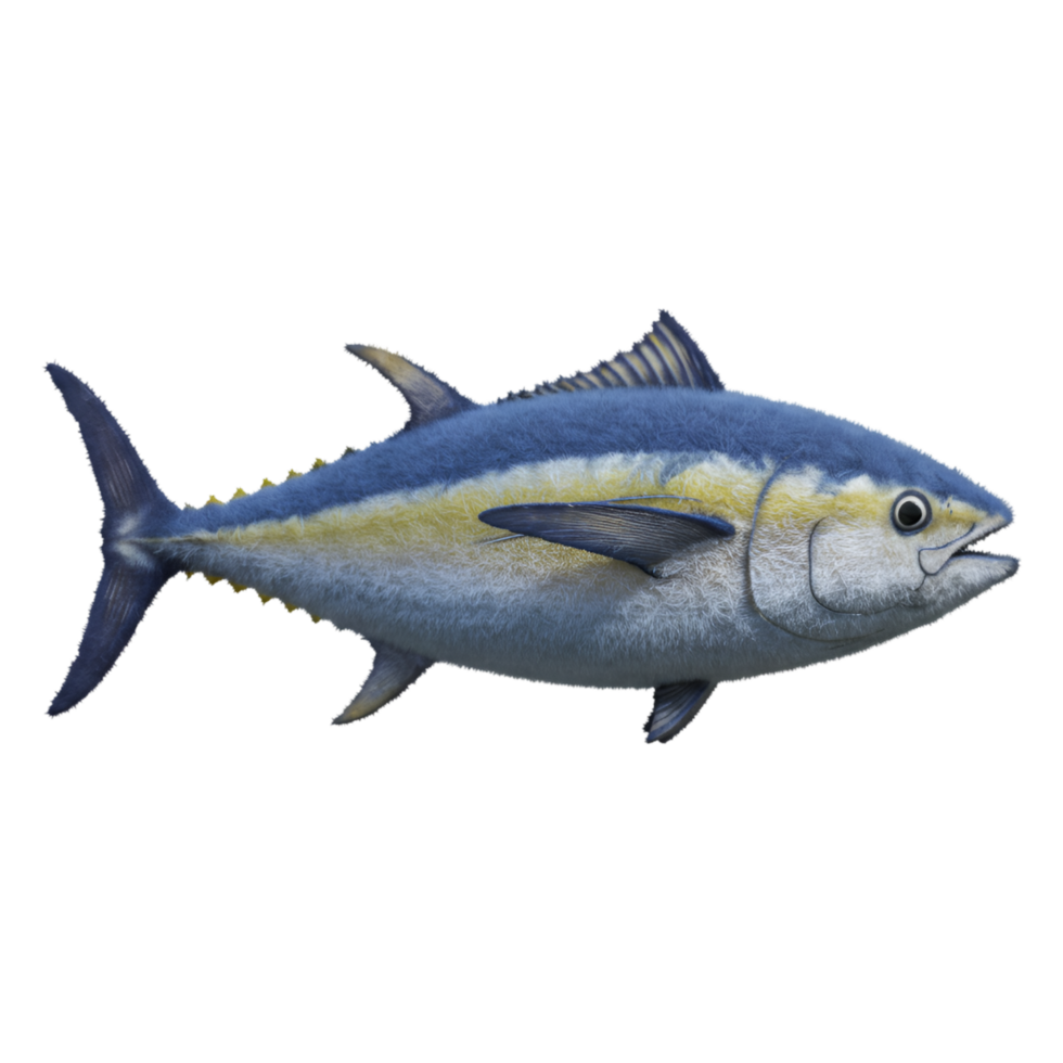 A single yellowfin tuna with blue and silver coloration isolated on a plain background view of the fish on transparent background png
