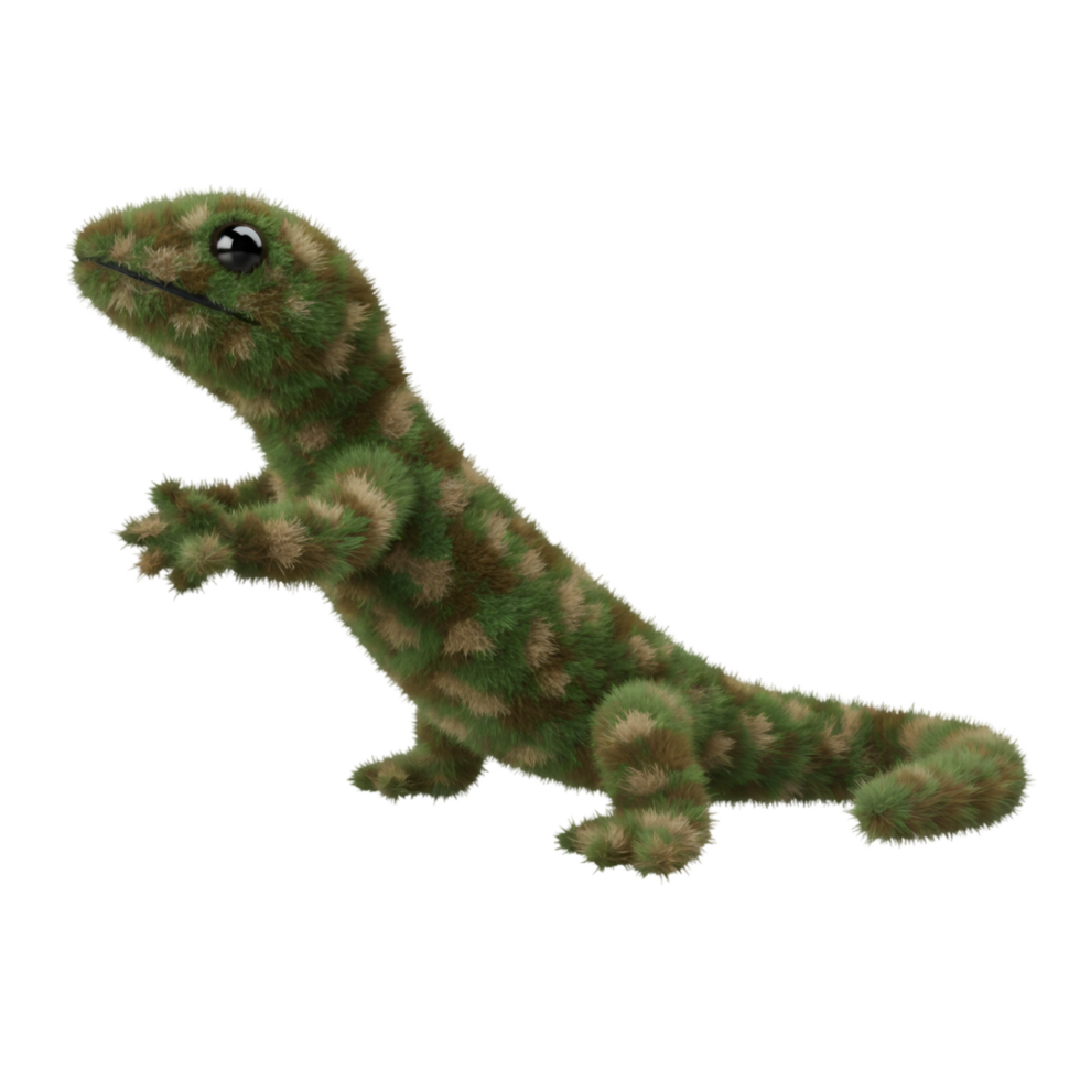 A stuffed gecko with a spotted pattern standing on its hind legs looking to the left side view isolated on transparent background png