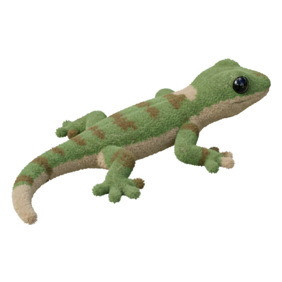 A plush gecko with green and tan coloration resting against a plain isolated studio space view to the right on transparent background png