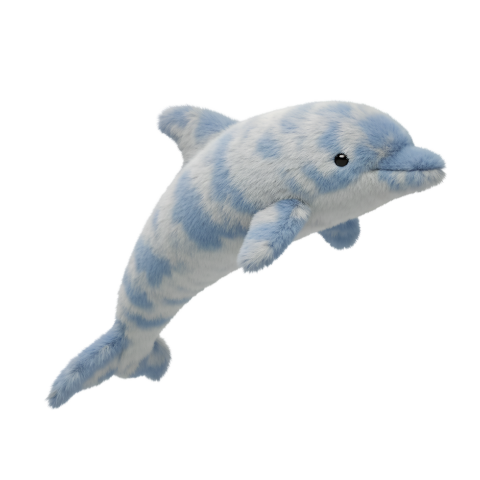 A plush dolphin toy with a blue and white pattern is isolated on a plain colored surrounding area on transparent background png