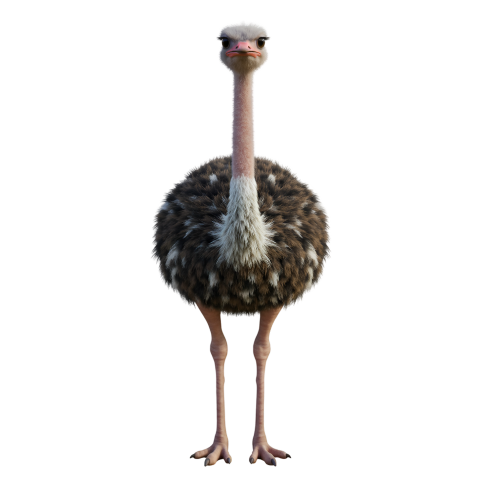 A full body view of an ostrich with long neck and legs standing upright and looking at the viewer on transparent background png