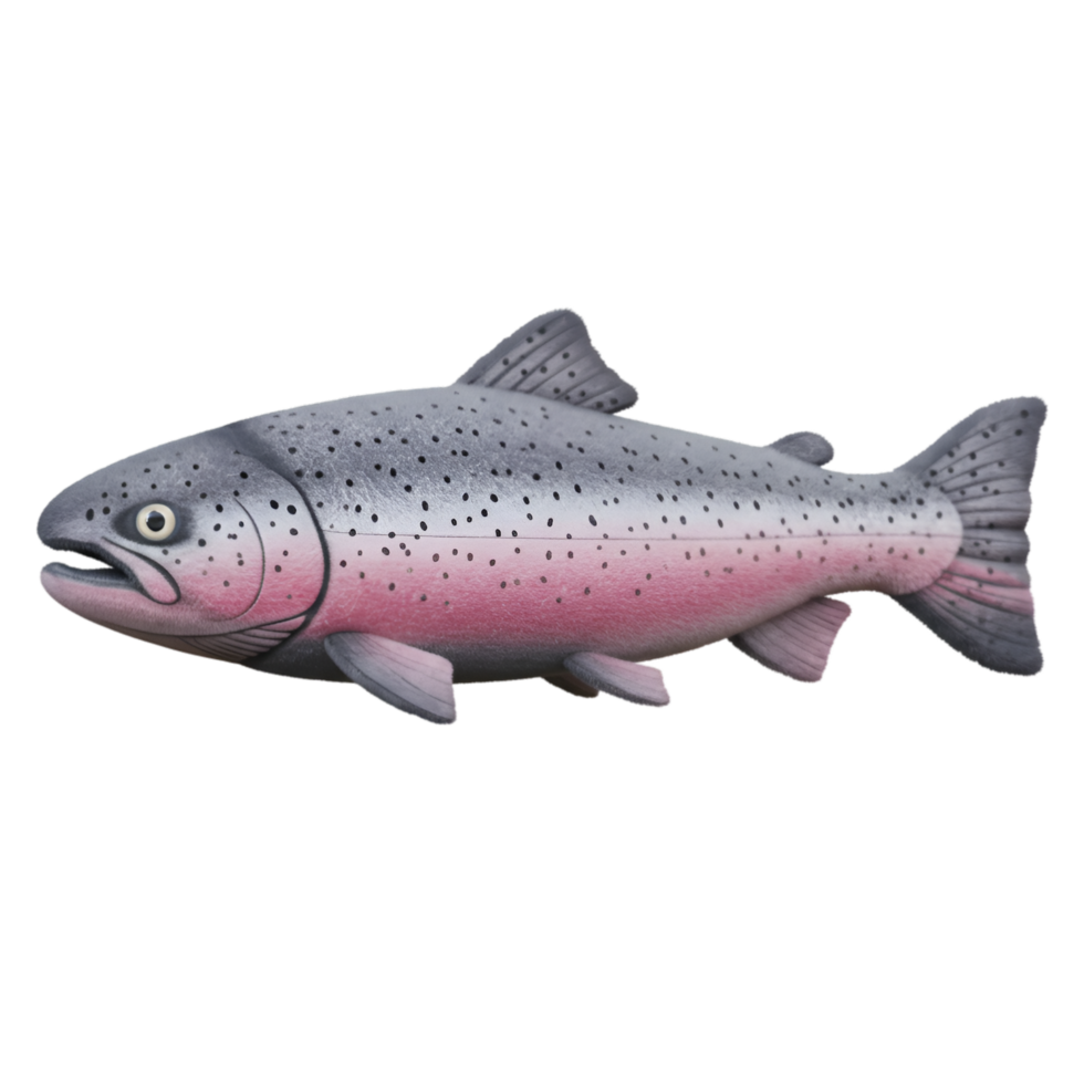 Isolated image displaying a single trout fish with pink and grey coloration on a plain background on transparent background png