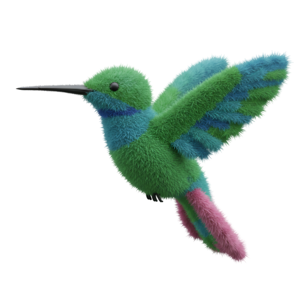 A fluffy hummingbird with mixed colors of green, blue and pink on a simple background plain tone on transparent background png