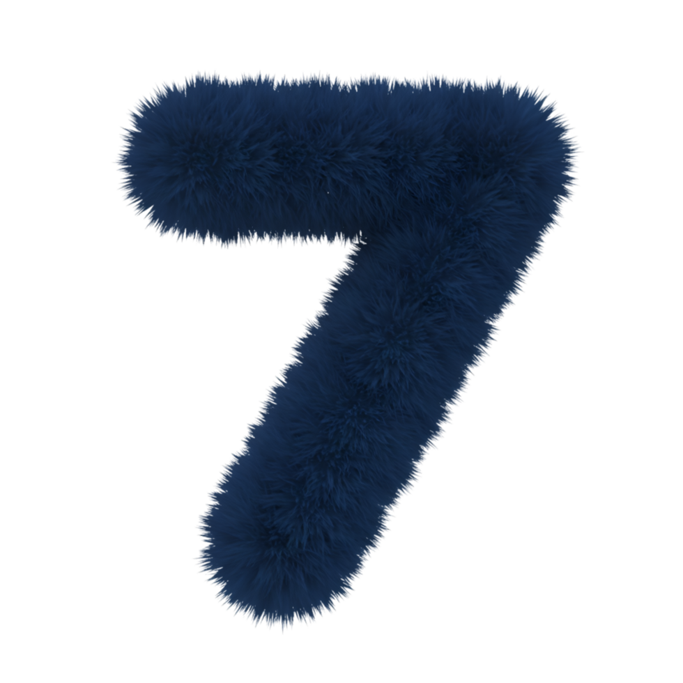 Isolated image of a fuzzy navy blue number seven against a plain and featureless surrounding space on transparent background png