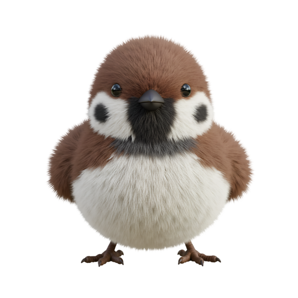 Front facing view of a small brown and white bird with a curious expression on its face posing nicely on transparent background png
