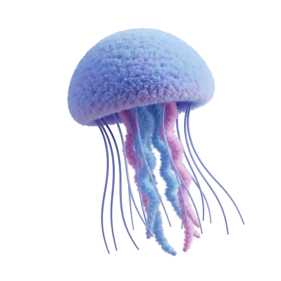 A fluffy jellyfish with pastel colors floating in an empty space with long flowing tentacles on transparent background png