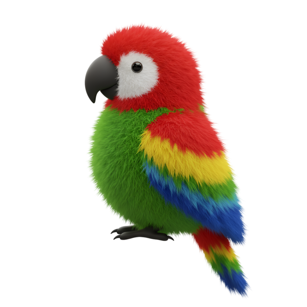A colorful parrot plush toy with red head and green body on a plain studio style setting view on transparent background png