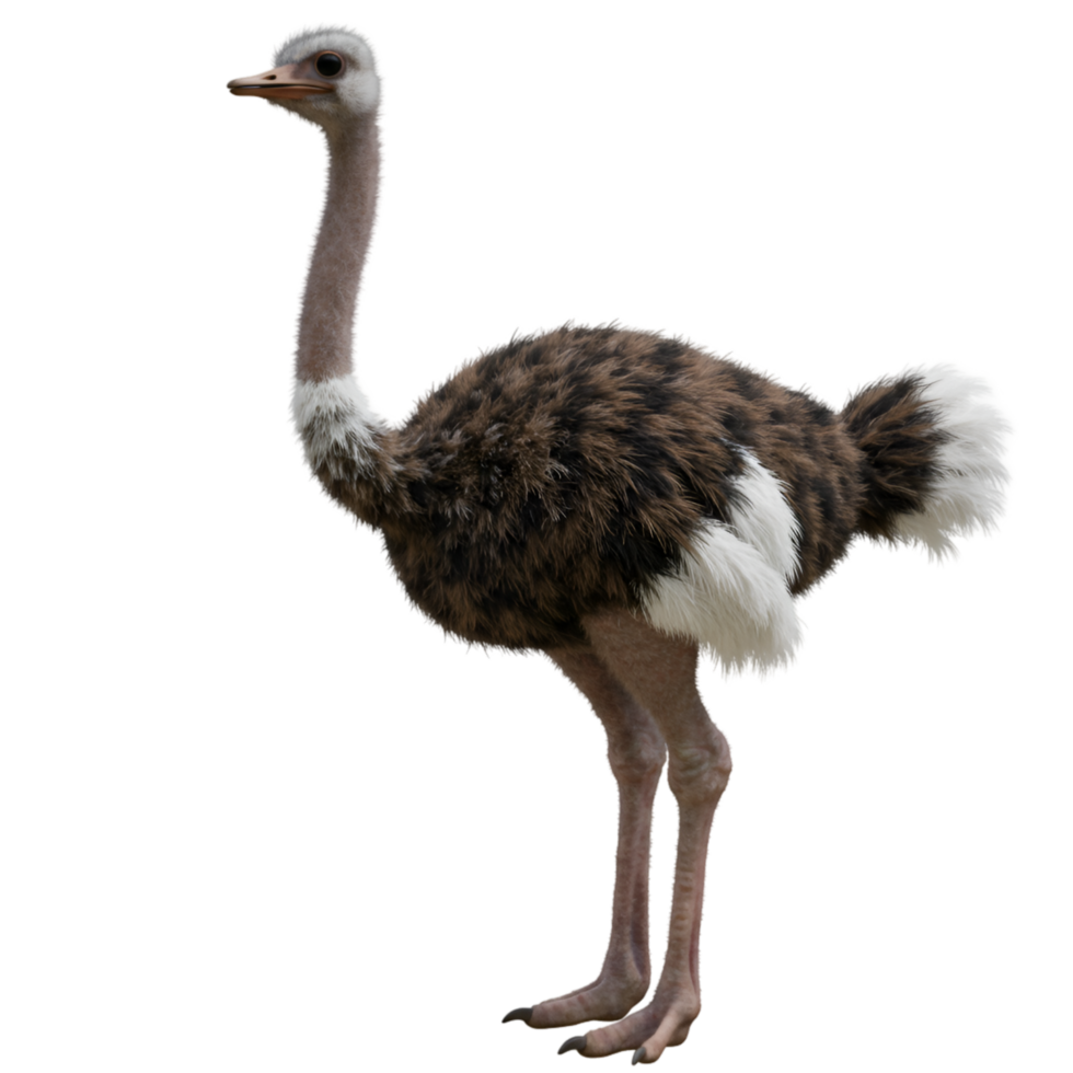 A solitary ostrich stands tall with its long neck and unique plumage in a posed presentation style on transparent background png