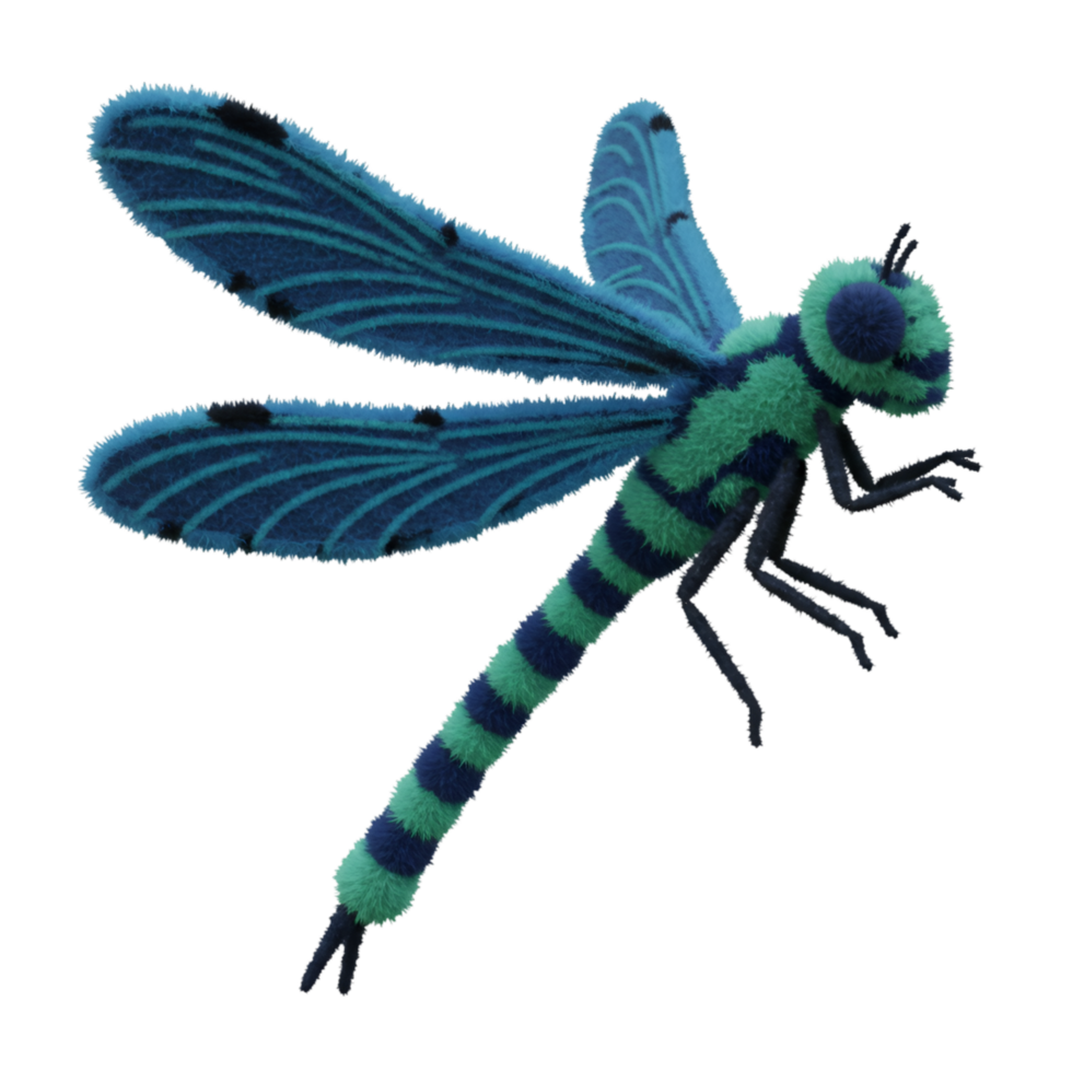 A vibrant teal and green dragonfly with patterned wings against a plain colored backdrop on transparent background png