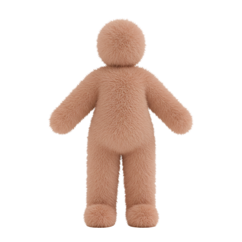 An isolated beige furry figure stands facing forward with a neutral expression and empty space around it on transparent background png
