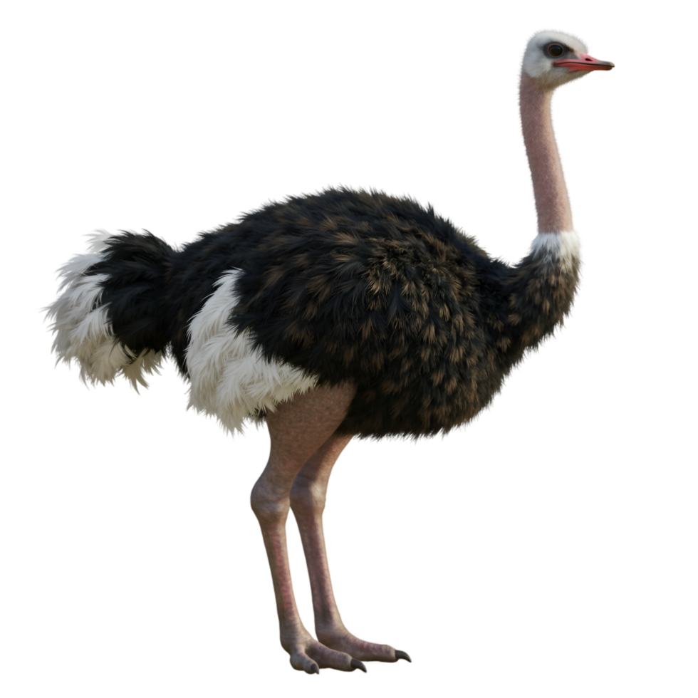 Isolated image of a standing ostrich with plumage and long neck against a plain coloured backdrop on transparent background png