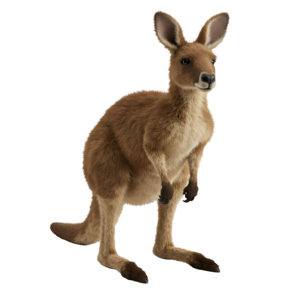 A kangaroo standing upright with its paws tucked in on a plain space looking straight ahead calmly now on transparent background png