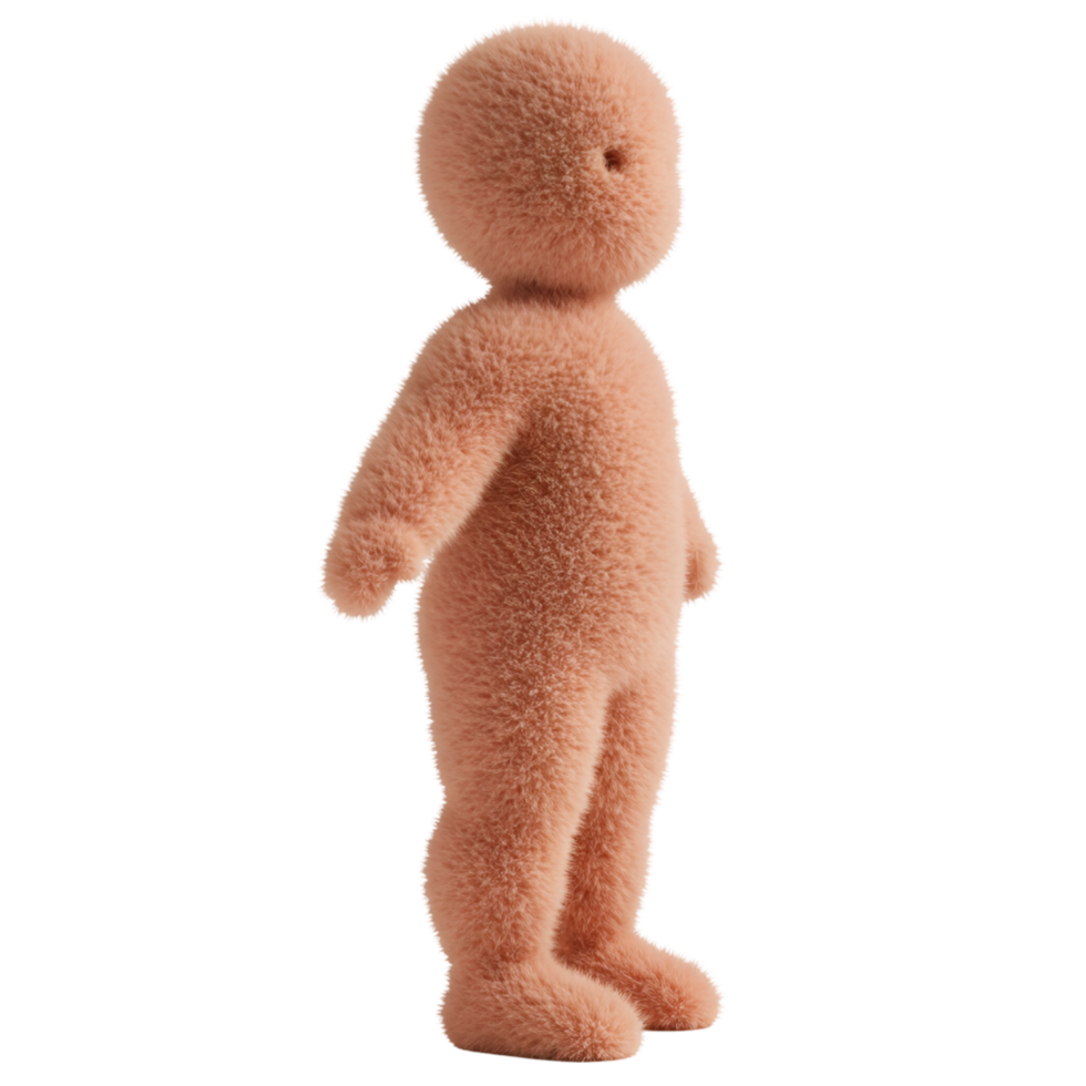 A fuzzy peach colored humanoid figure standing in profile with a featureless face and rounded head on transparent background png