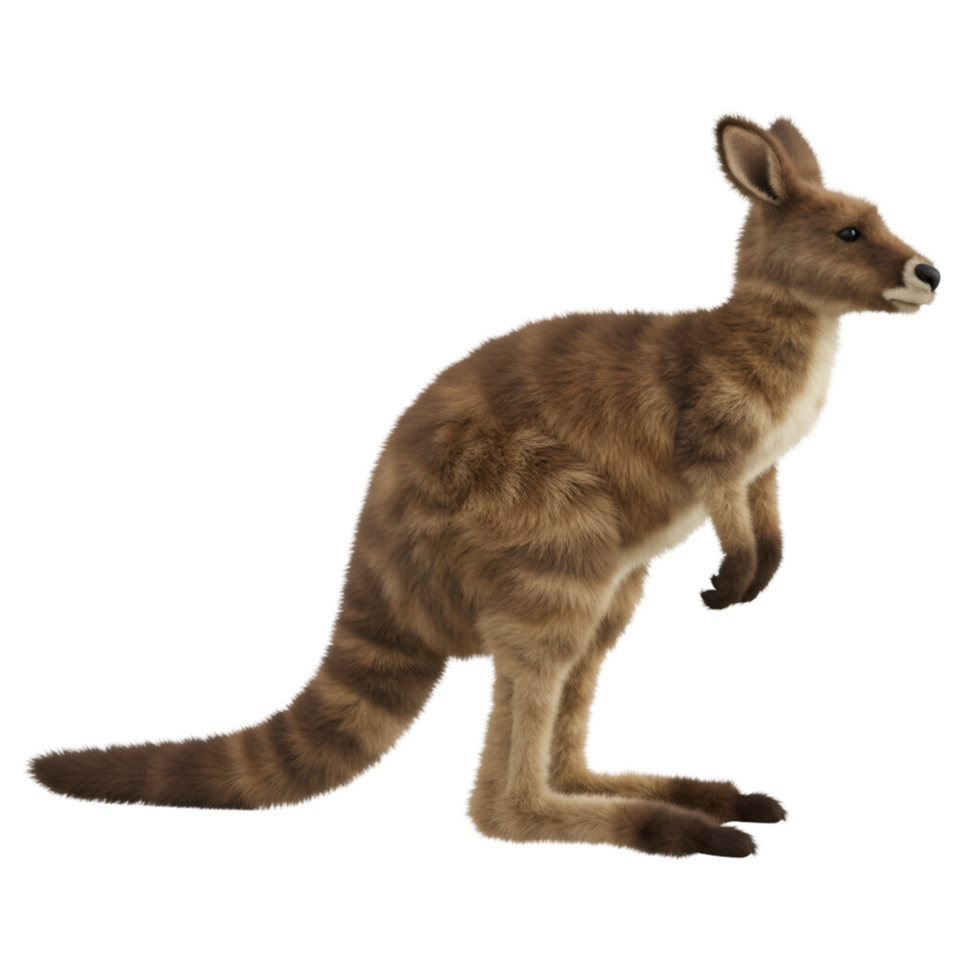 A kangaroo standing upright with its tail resting on the ground in a side profile view image capture on transparent background png