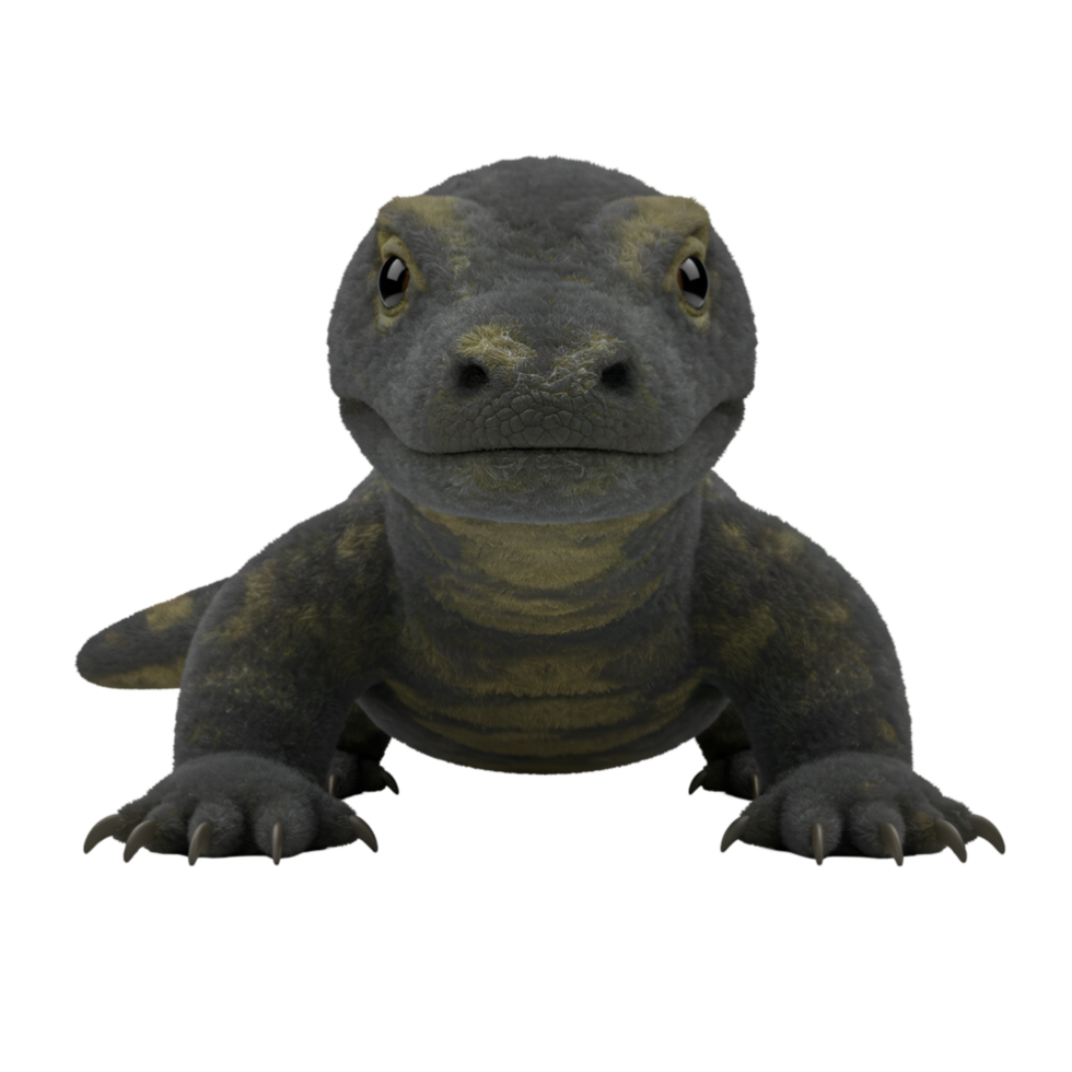 Frontal view of a plush komodo dragon toy with visible claws and a neutral expression on a plain setting on transparent background png