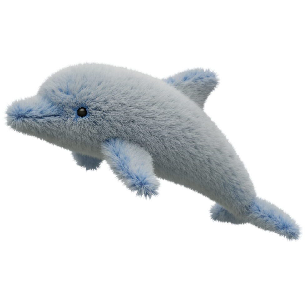 A fluffy blue dolphin plush toy with a soft texture and a smooth appearance against a plain backdrop on transparent background png