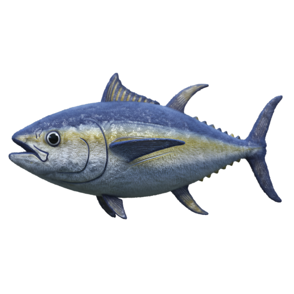Isolated image showcasing a single tuna with blue and silver coloration on a plain backdrop on transparent background png