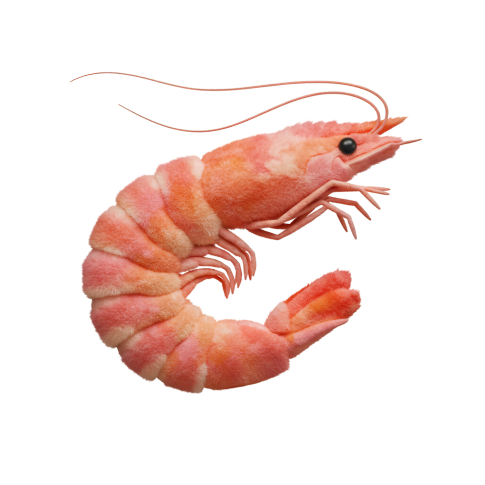 Isolated cooked shrimp with visible antennae and legs on a plain contrasting background image view on transparent background png