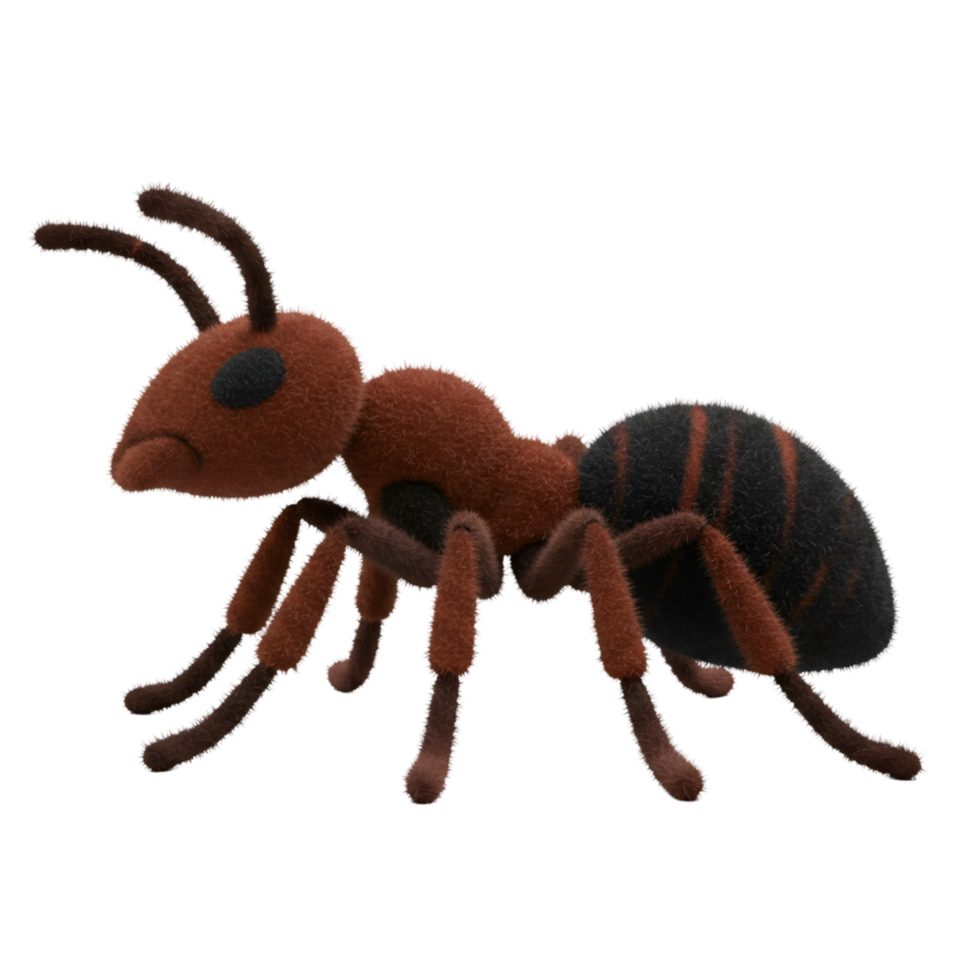 A cartoonish ant with red body and legs and a striped abdomen standing on a plain surface on transparent background png