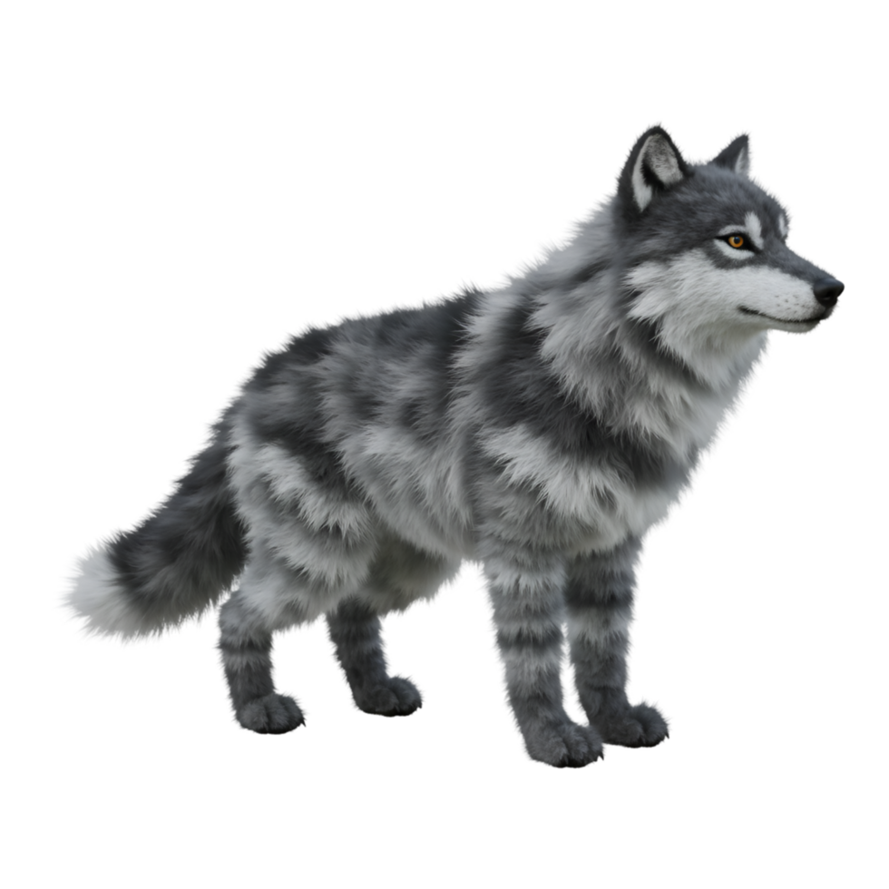 Gray and white wolf standing with a neutral expression in a digitally created image style view from side on transparent background png