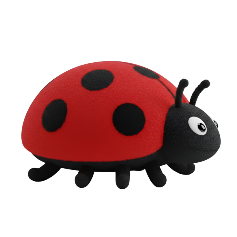 A ladybug toy with a red shell and spots isolated against a solid color simple studio shot view on transparent background png