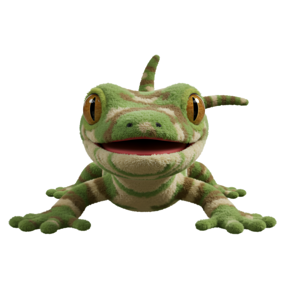 A plush green and tan gecko with big yellow eyes smiles on a plain setting looking at the viewer on transparent background png