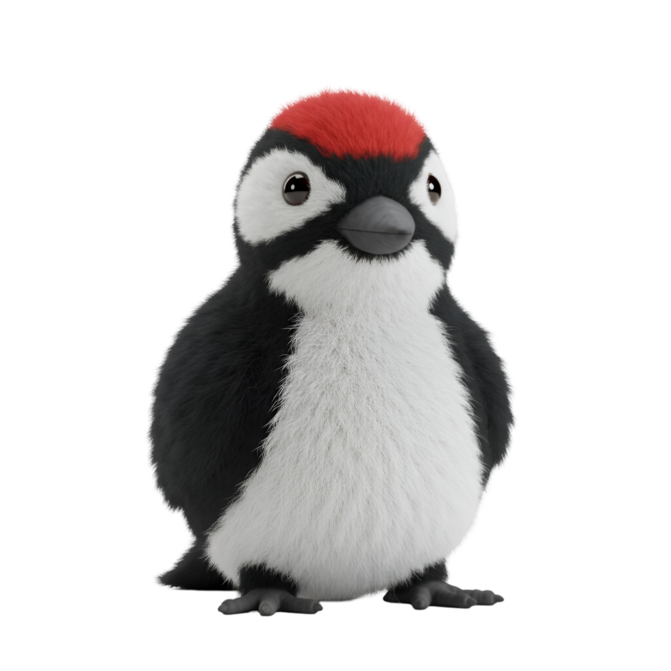 A charming woodpecker with red head and white chest standing on a plain surface looking forward on transparent background png