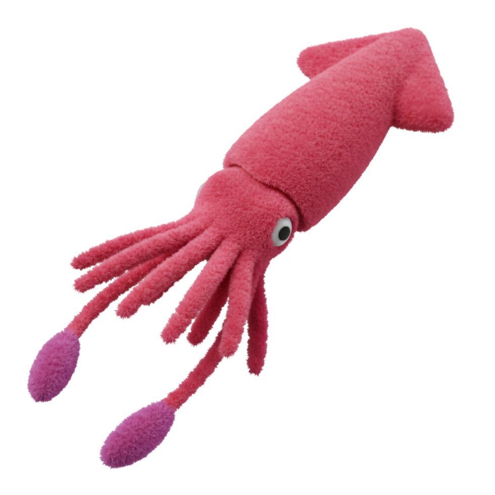 A plush toy of a squid with tentacles and a pink body against a plain white colored backdrop view on transparent background png