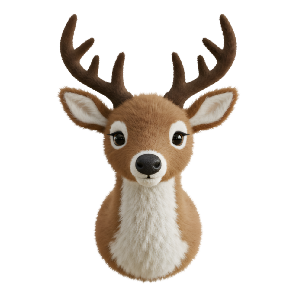A charming plush deer head with antlers and a white chest against a simple solid canvas look backdrop on transparent background png