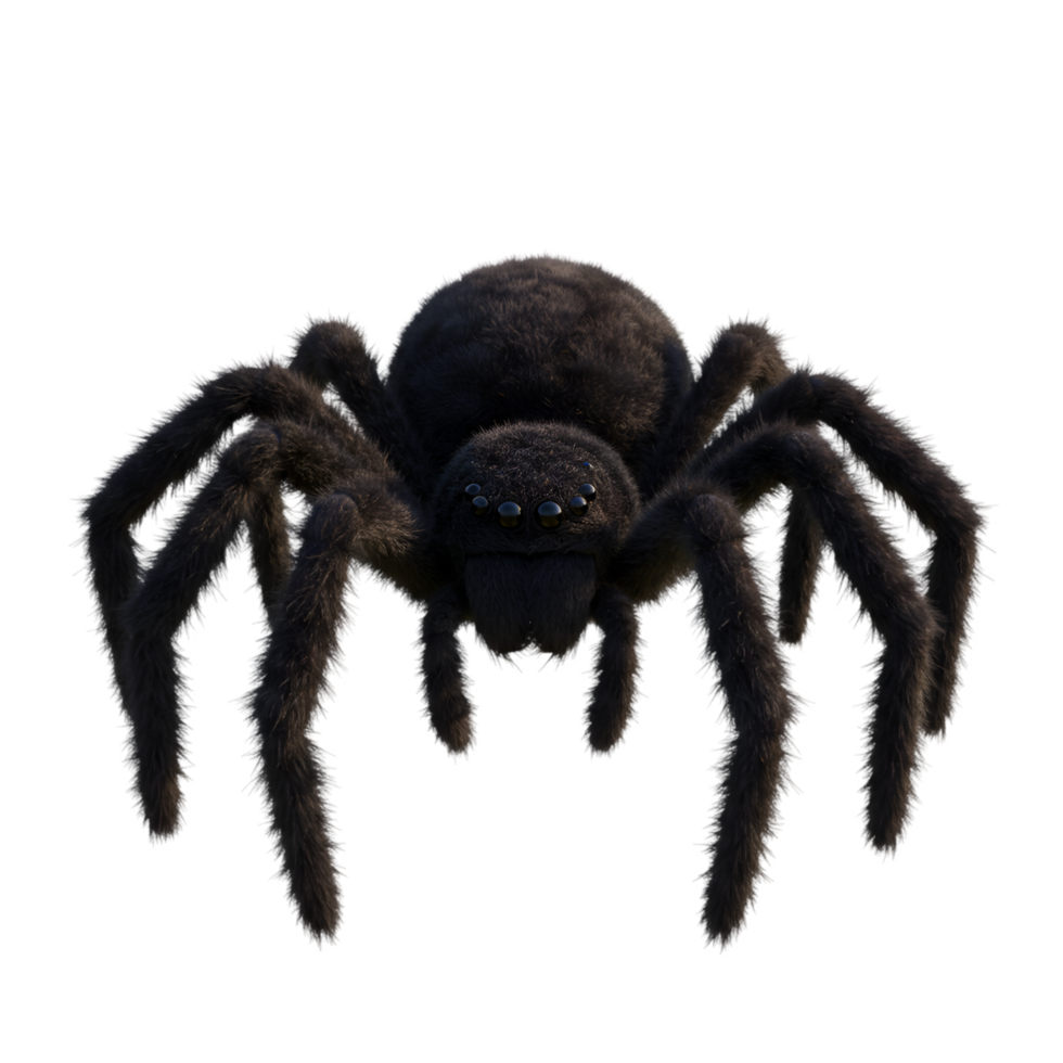 Close up view of a large hairy spider with multiple eyes and legs on a plain background space here on transparent background png