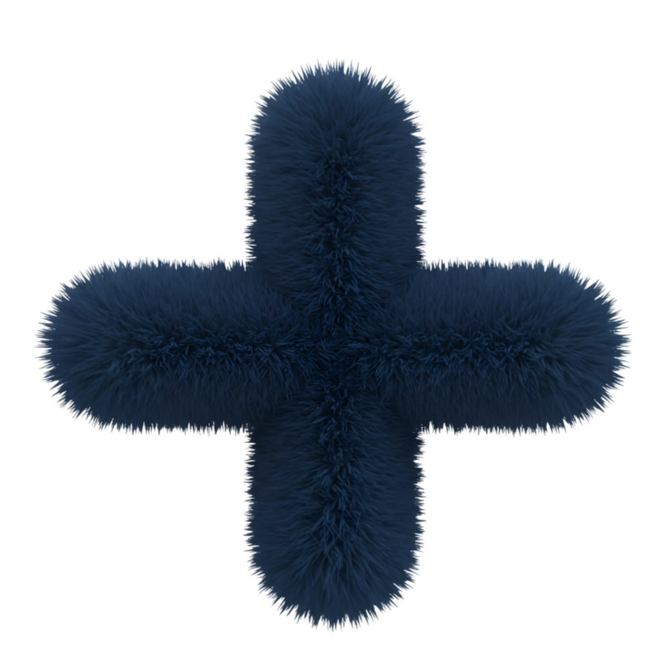 A fuzzy plus sign with a textured surface against a plain solid color space in a simple composition on transparent background png