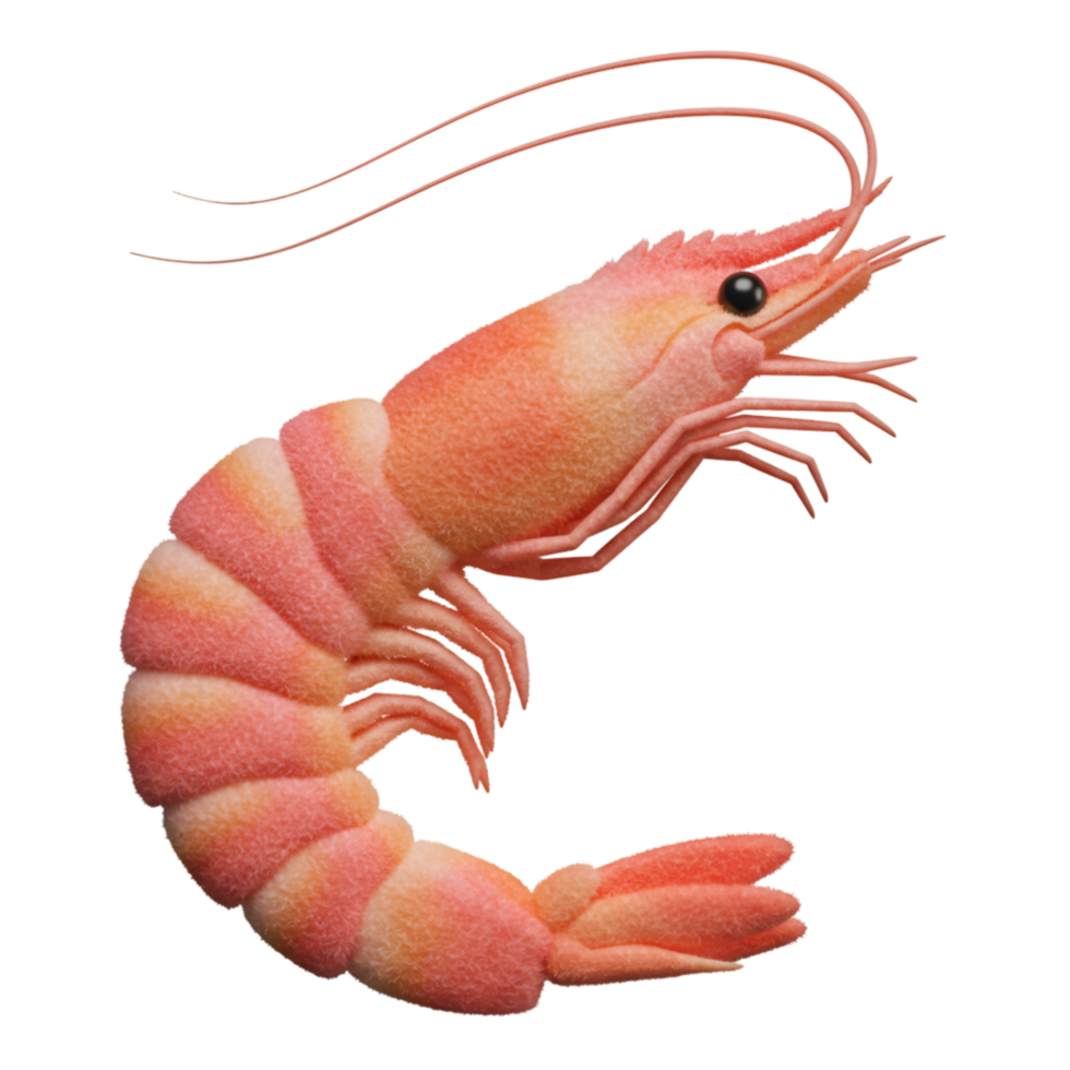 Isolated shrimp with a curved body and long antennae against a plain color free space field on transparent background png