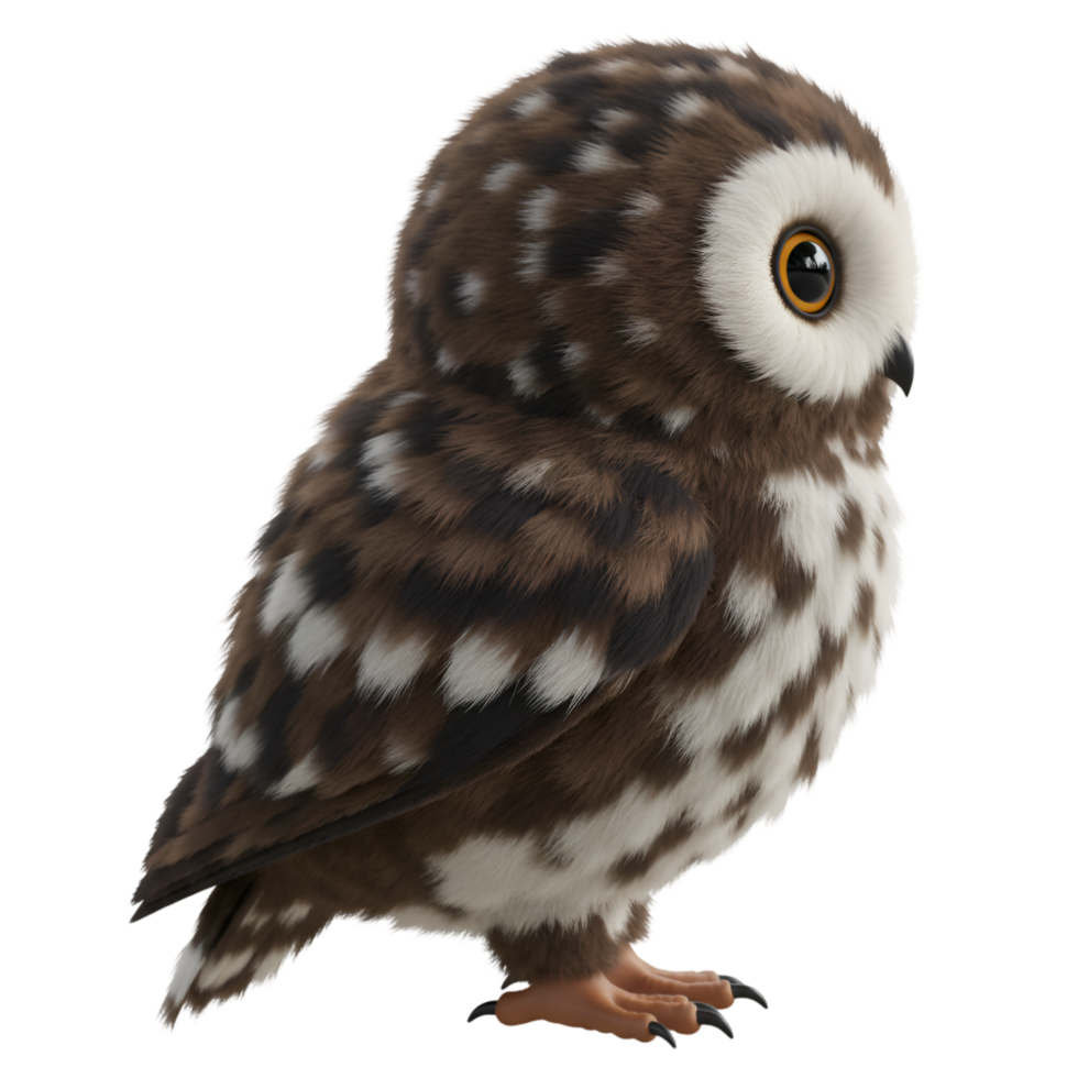 A side view of a small owl with brown and white feathers standing on its feet against a plain backdrop on transparent background png