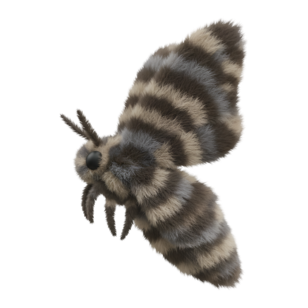 Isolated fuzzy moth with striped wings and antennae on a plain color space looking to the left on transparent background png