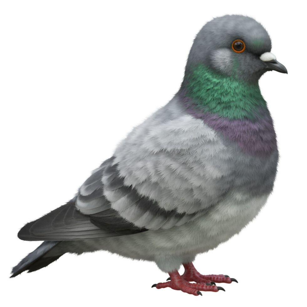 A pigeon with gray feathers and a green neck standing on its feet in a clear environment on transparent background png