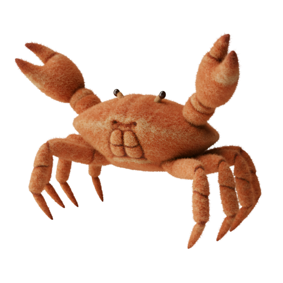 A friendly orange crab with raised claws and a smiling face stands out against a plain backdrop on transparent background png