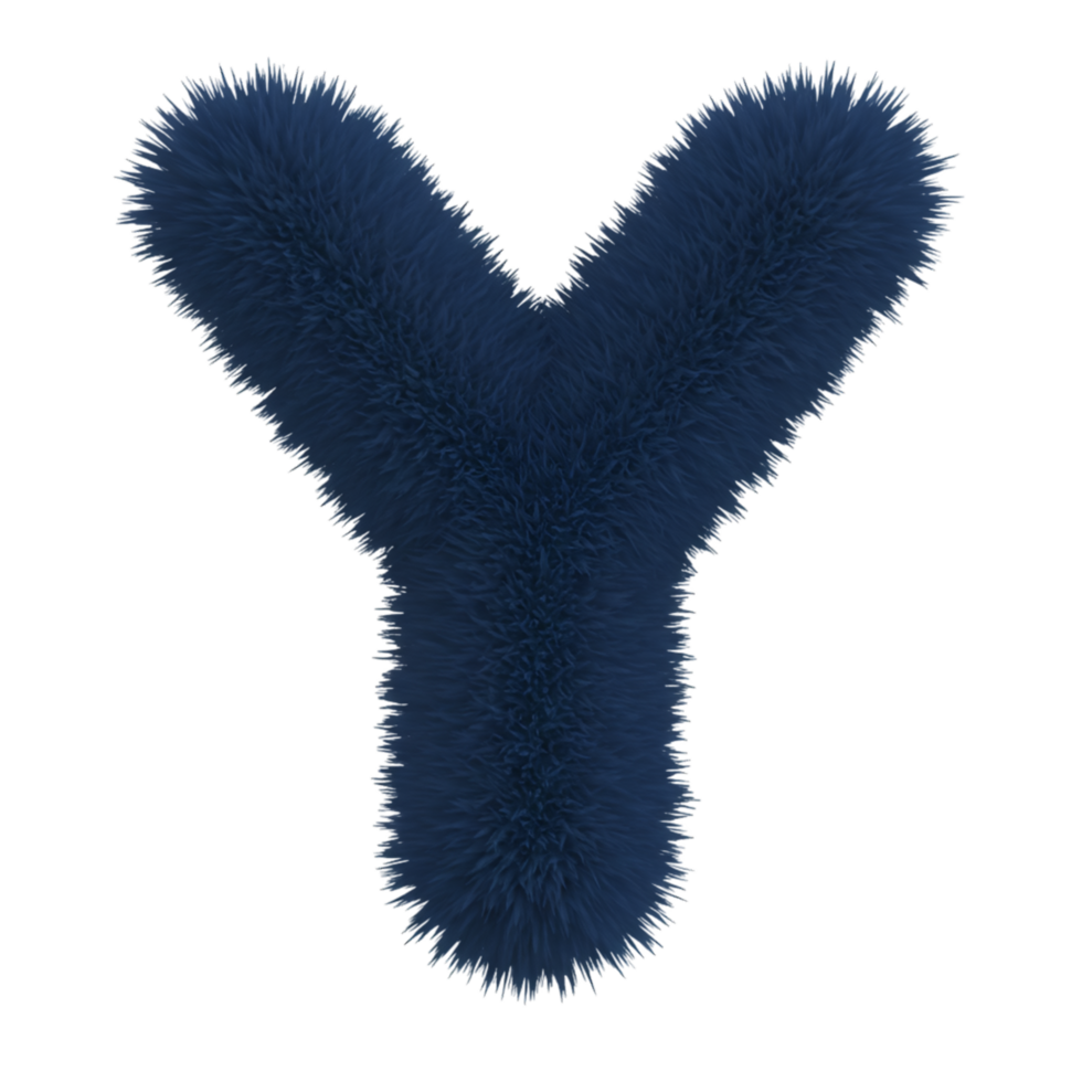 A fluffy, textured letter y in a deep shade of blue against a simple and plain setting space view on transparent background png
