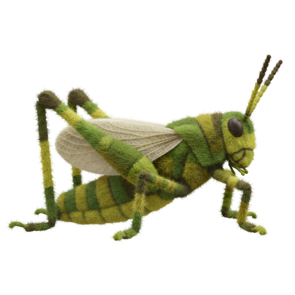 A vibrant green and yellow striped grasshopper with wings in a studio setting on a plain backdrop on transparent background png