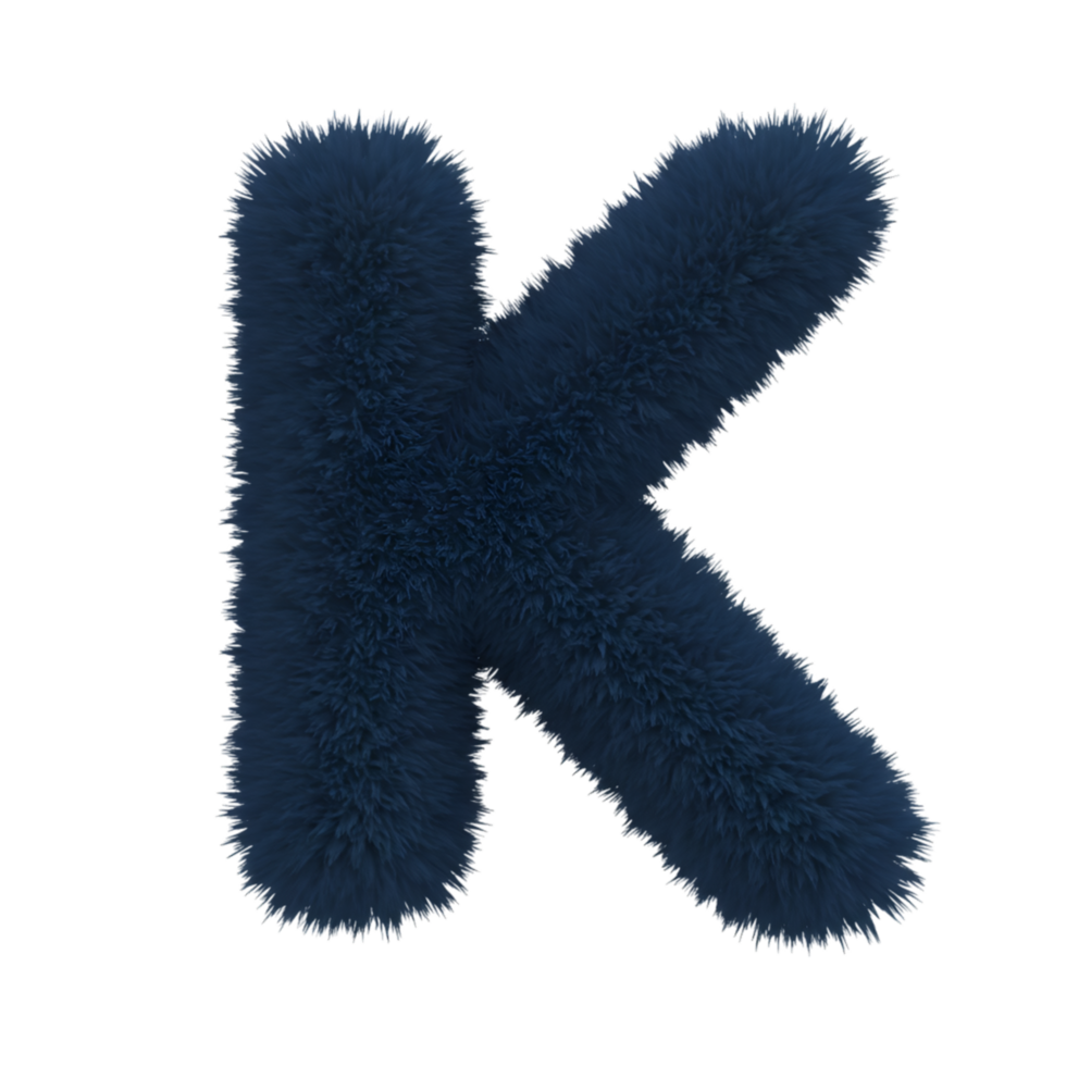 A plush letter k in a deep blue hue stands out against a stark setting with a fuzzy texture effect on transparent background png