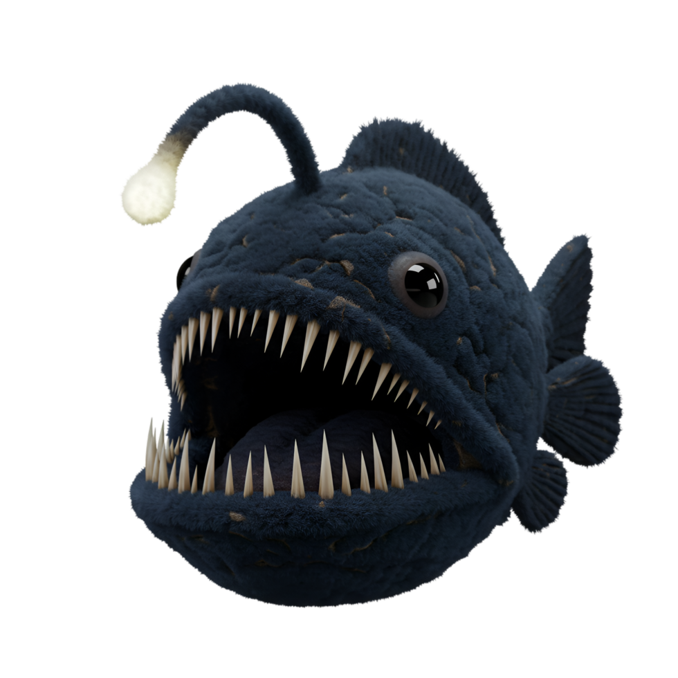 A plush anglerfish with large teeth and a glowing lure against a plain colored surrounding on transparent background png