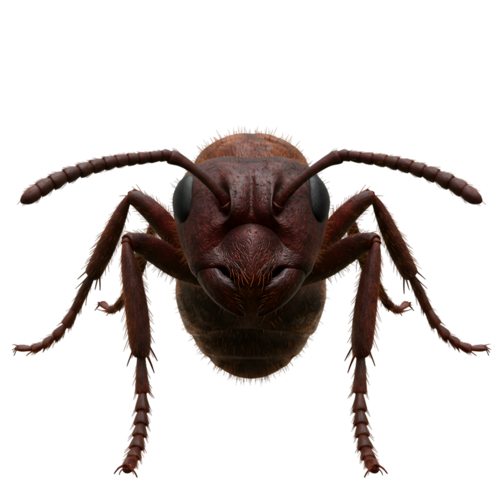A close up front view of an ant with its antennae and legs visible against a plain backdrop on transparent background png