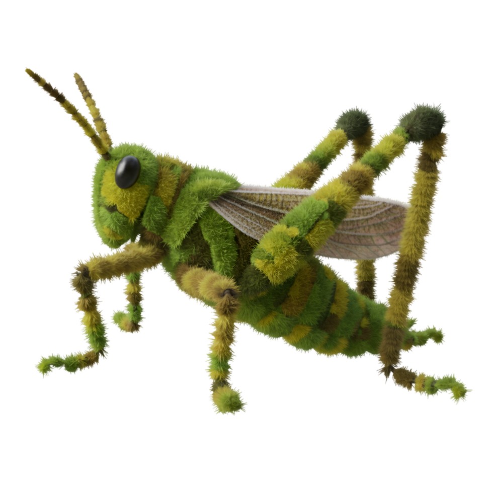 A close up of a green and yellow grasshopper with wings and legs visible in a studio shot image on transparent background png