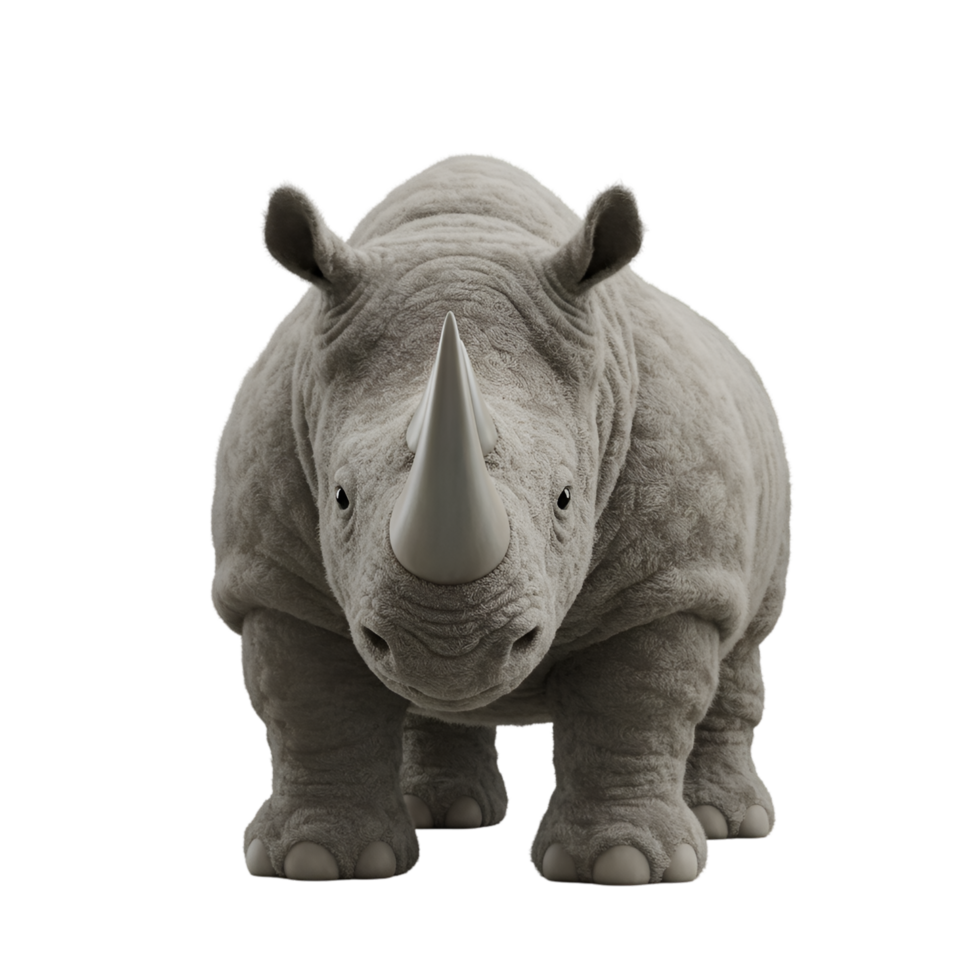 Frontal view of a rhino with a light gray skin tone standing on a plain and simple setting on transparent background png