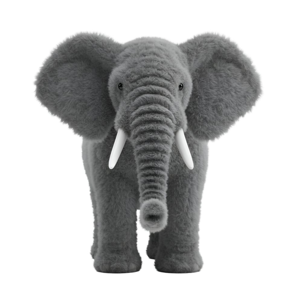 A plush elephant toy standing upright with large ears and tusks on a plain isolated area view front on transparent background png