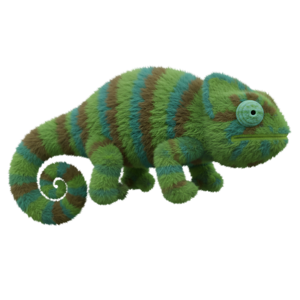 A plush chameleon with green, brown, and blue stripes and a curled tail stands against a solid area on transparent background png