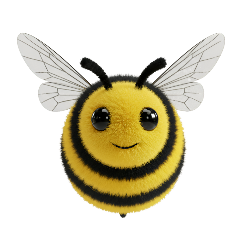 A charming fluffy bee with yellow and stripes and delicate wings against a plain backdrop is showcased on transparent background png
