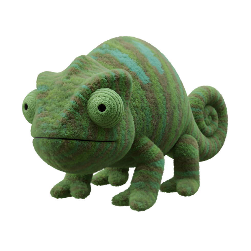 A plush chameleon with green and blue stripes and a curled tail on a plain background is presented on transparent background png