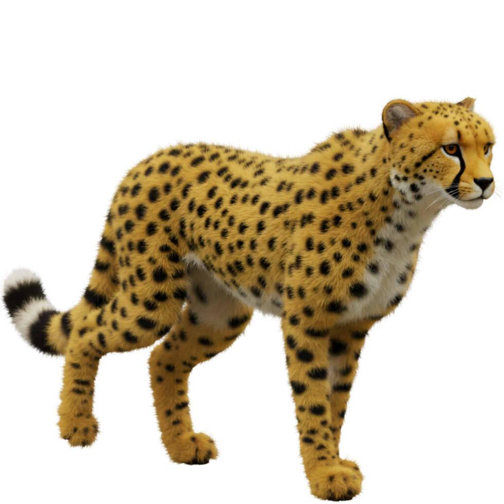A cheetah standing with its body angled to the left and a striped tail visible behind it on transparent background png