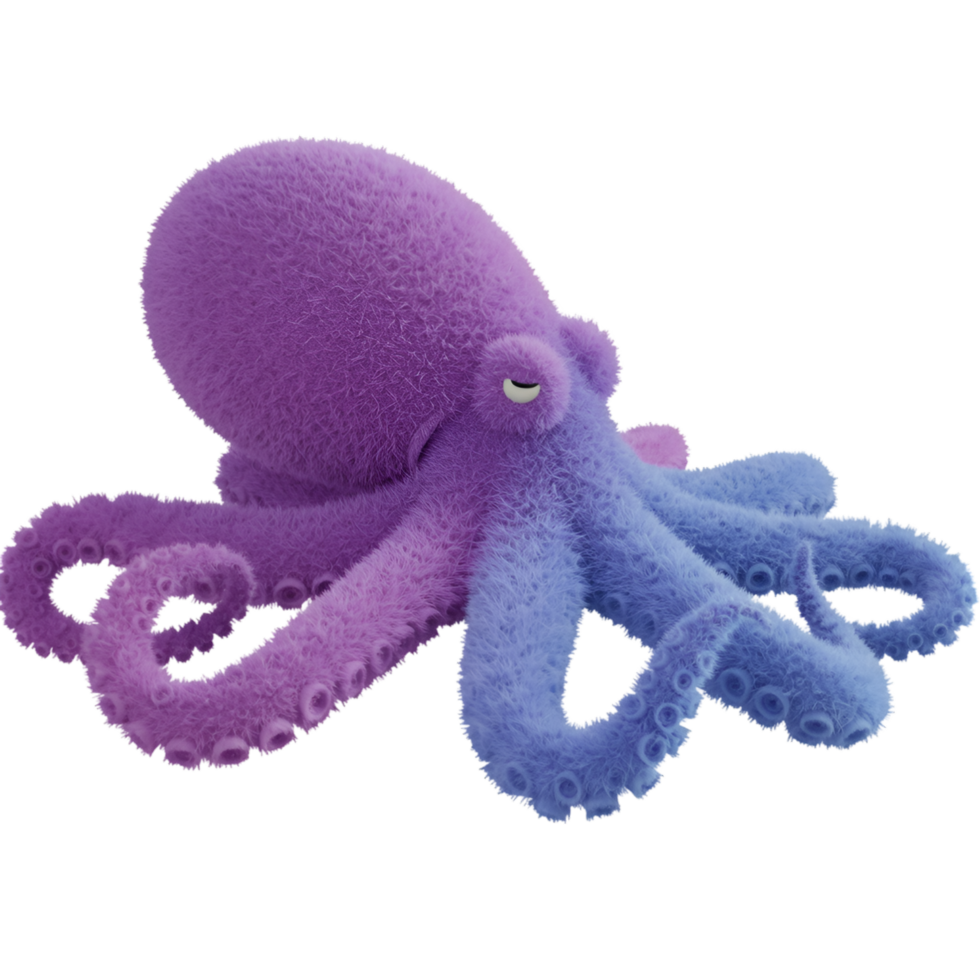 A plush octopus toy with a purple head and fading into blue tentacles on a transparent surface on transparent background png