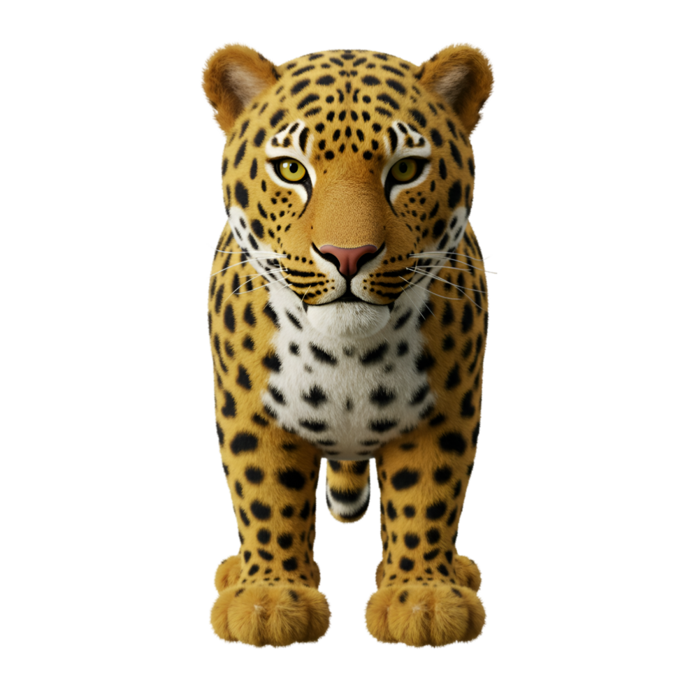 Front view of a jaguar with yellow eyes and spotted fur standing upright on a solid color space on transparent background png